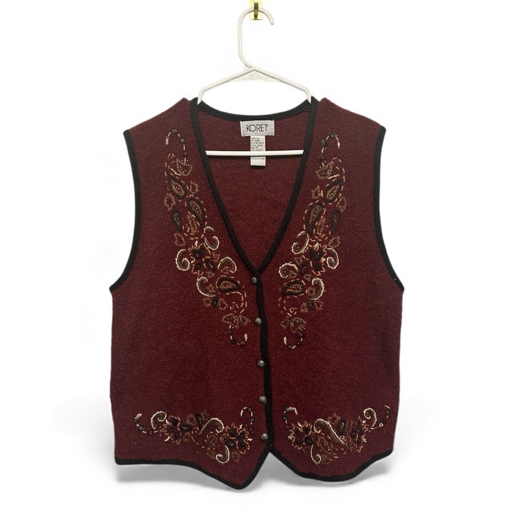 Vintage 90’s Koret Maroon Wool Blend Vest W/ Embroidery Details Size Medium
